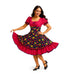 Mujer con vestido de colores con motivos florales sobre fondo blanco