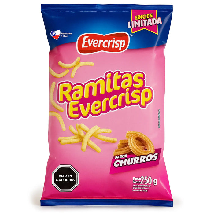 Envase de aperitivos Evercrisp Ramitas con fondo rosa y parte superior azul