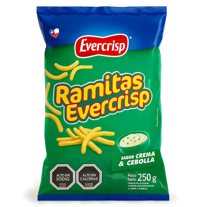 Envase de aperitivos Ramitas Evercrisp con diseño verde y azul