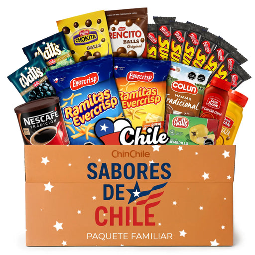 Surtido de paquetes de aperitivos en una caja etiquetada "Sabores de Chile" con varias marcas.