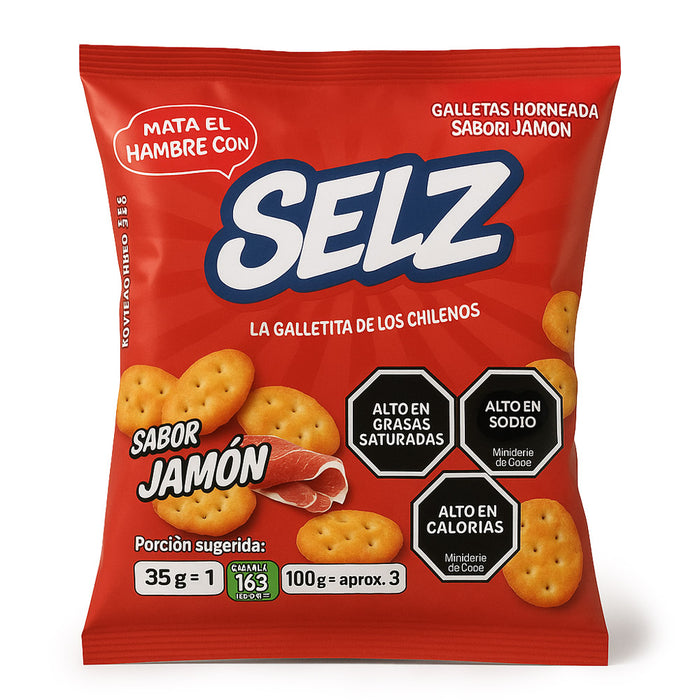 Galletas saladas con sabor a jamón Selz - Bolsa roja de 35 g con etiqueta de importación chilena e iconos de advertencia.