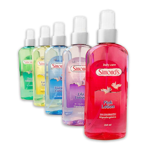 Five 260 ml plastic bottles of baby lotion including blue, purple, pink, yellow, and green.