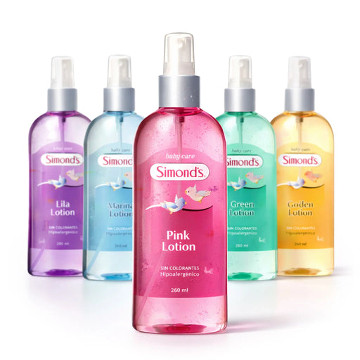 Surtido de lociones para el cuidado del bebé Simonds (Lila, Marina, Rosa, Verde, Dorada), botellas de 260 ml.
