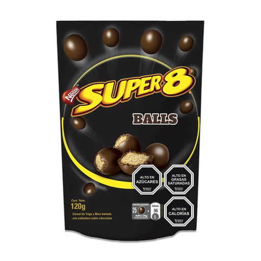 Una bolsa negra de 120 gramos de bolas de chocolate Super 8.