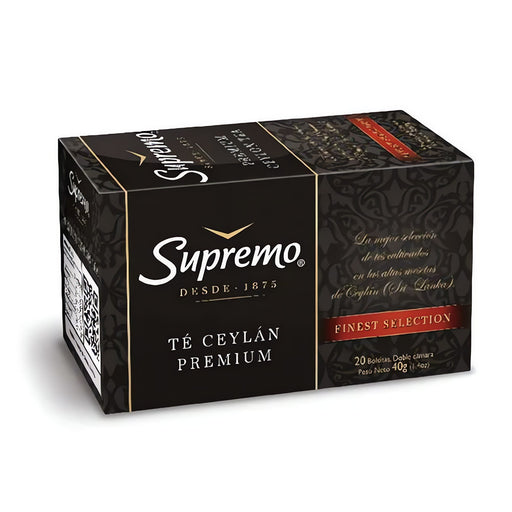 Caja de té negro Té Supremo Ceylán Premium con 20 bolsitas de té, importado de Chile.