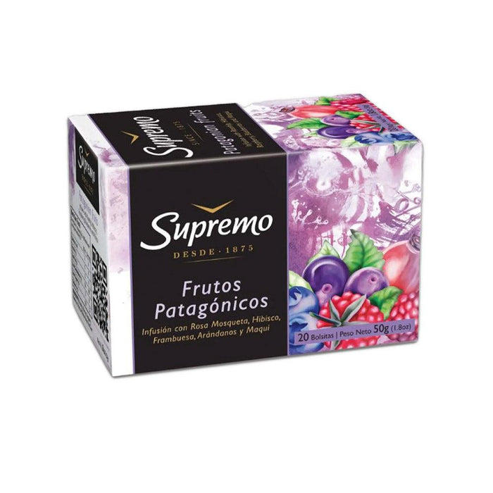 Caja de Té Supremo Frutos Patagónicos con un colorido diseño que muestra frutos de rosa mosqueta, hibisco, frambuesa, arándano y maqui.