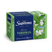 Caja de té Supremo Toronjil con diseño verde y azul sobre fondo blanco