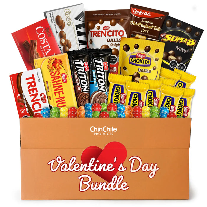 Paquete de San Valentín con varias barritas de chocolate y aperitivos en una caja con la marca «ChinChile».