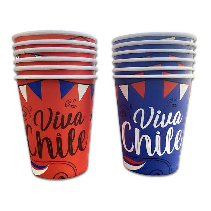 Juego de vasos de papel Viva Chile con 6 vasos rojos y 6 azules con diseños patrióticos chilenos