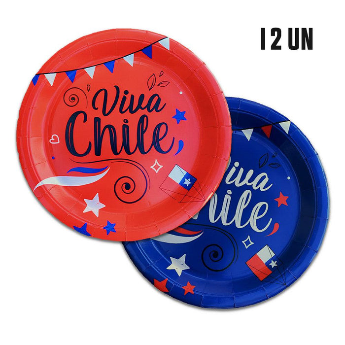 Juego de platos Viva Chile con 6 platos de papel azules y 6 rojos con diseños patrióticos chilenos.