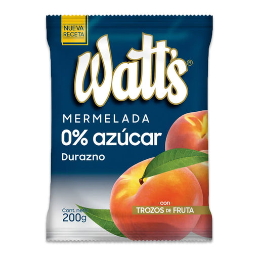 Una bolsa de Durazno Watts Mermelada sin azúcar.