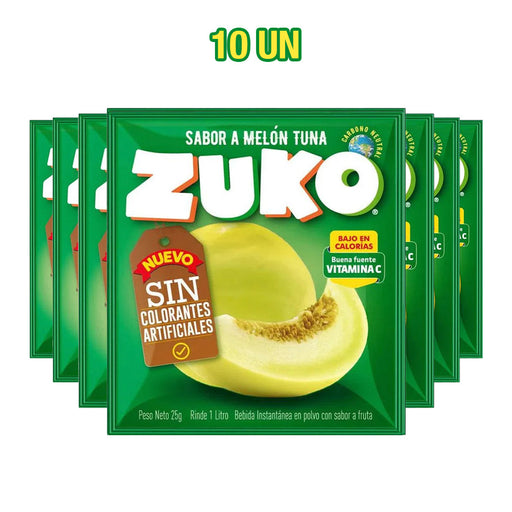 Un pack de 10 zumos Zuko sabor Melón Tuna en sobres verdes.