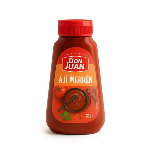 Ají Merkén de Don Juan - Salsa picante chilena elaborada con chile merkén en una botella de 240 g sobre fondo blanco.