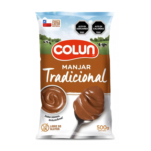 Bolsa de 500 g de Manjar Colun - Caramelo de leche chileno para untar en envase marrón.