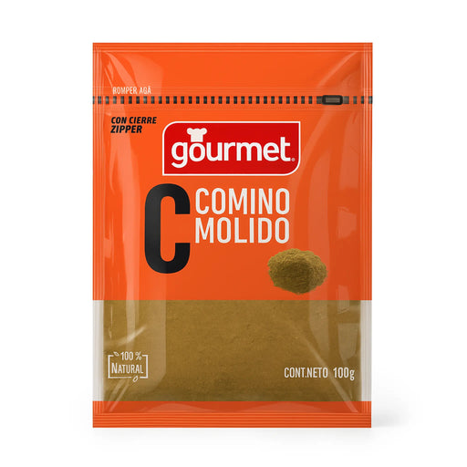 Envase de marca gourmet de comino molido sobre fondo blanco