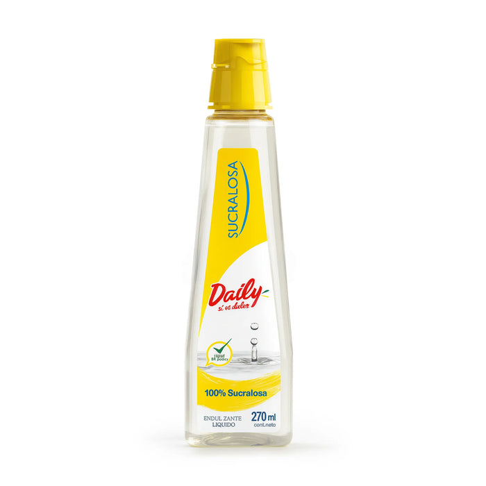 Sucralosa Daily Frasco de 270 ml con tapón amarillo sobre fondo blanco
