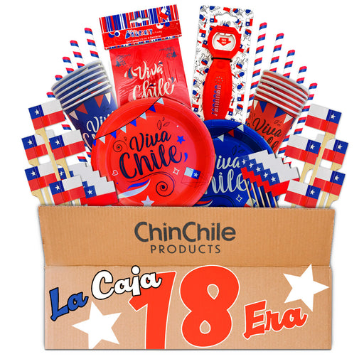 Caja de productos La Caja 18 Era de ChinChile Products, con una colección de artículos de temática chilena que incluye platos Viva Chile, tazas, pajitas tricolores, brochetas con banderas, un abridor de botellas y un colorín festivo, todo ello presentado en una caja de la marca ChinChile Products.