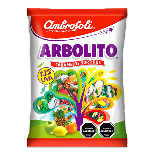 Una bolsa roja y blanca de 110 gramos de caramelos duros Arbolito.