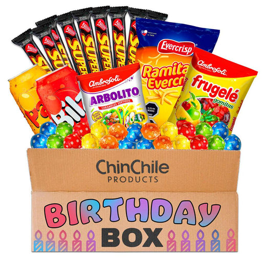 Un Paquete de Cumpleaños lleno de chocolates chilenos, caramelos, snacks y refrescos. Ramitas de queso incluidas.