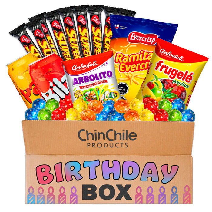 Un Paquete de Cumpleaños lleno de chocolates chilenos, caramelos, snacks y refrescos. Ramitas de queso incluidas.