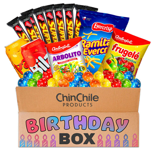 Un Paquete de Cumpleaños lleno de chocolates chilenos, caramelos, snacks y refrescos. Ramitas originales incluidas.