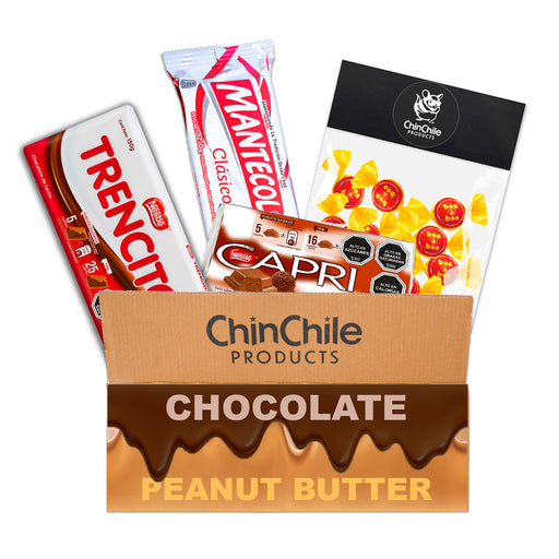 Una caja de bombones y caramelos de mantequilla de cacahuete con una tableta de chocolate con sabor a trufa.