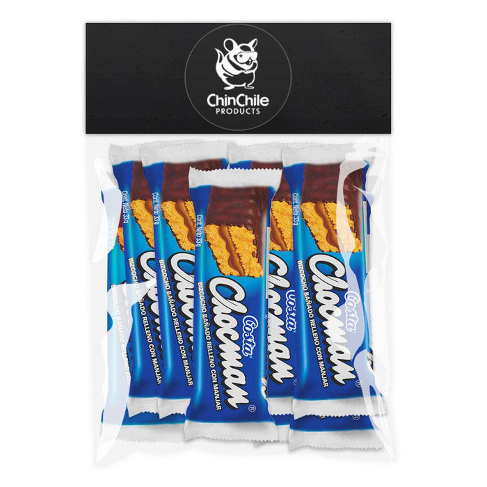 Una bolsa de la marca ChinChile llena de ocho Chocman's de Costa.