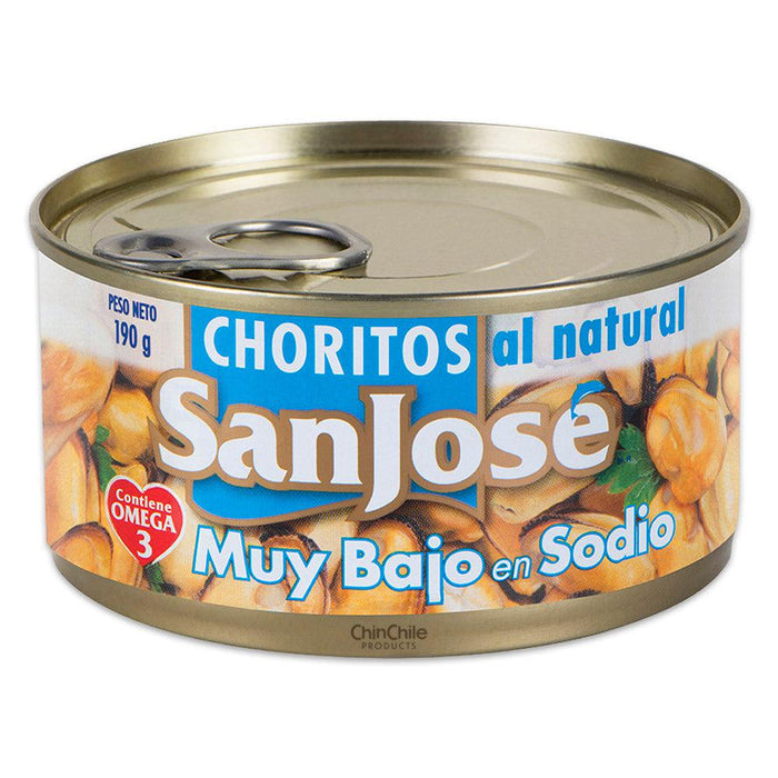 Lata de 190 gramos de Choritos con tapa de fácil apertura y etiquetado en azul claro.