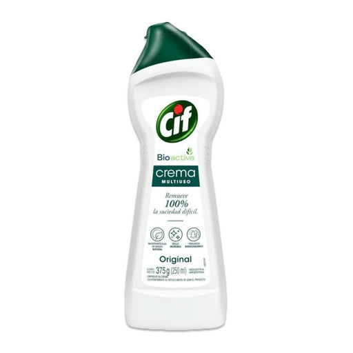 Botella blanca de 375 g con tapón verde llena de limpiador doméstico multiusos. Un producto de Chile.