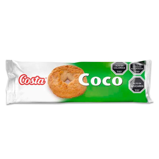 Un paquete blanco y verde con una galleta de coco que separa los dos colores.