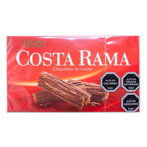 Una caja roja de chocolate con leche rallado de Costa. Un producto de Chile.