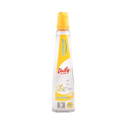 Una botella transparente con tapón y etiqueta amarillos llena de un edulcorante líquido transparente.