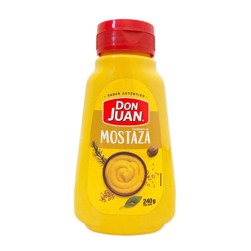 Botella amarilla con tapón rojo que contiene Mostaza de Don Juan. Un producto de Chile.