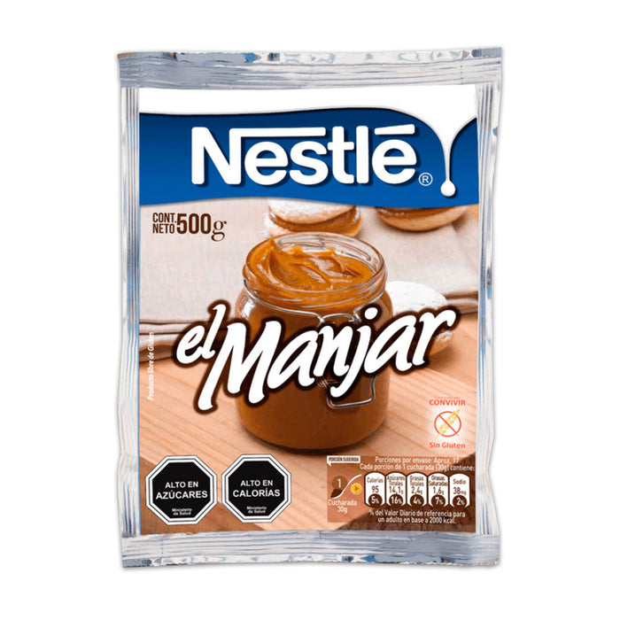 Una bolsa plateada de 500 gramos de Manjar de Nestlé.