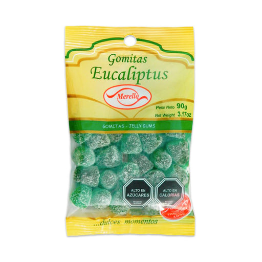 Un pequeño paquete amarillo de caramelos Gomitas Eucaliptus verdes.