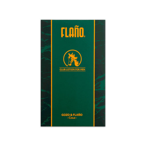 A green box with yellow text of Flaño club lotion for men. A product of Chile.