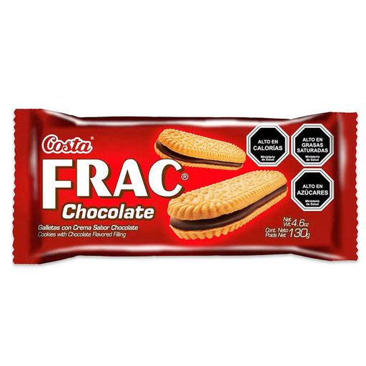 Un paquete rojo de galletas de chocolate Costa Frac.