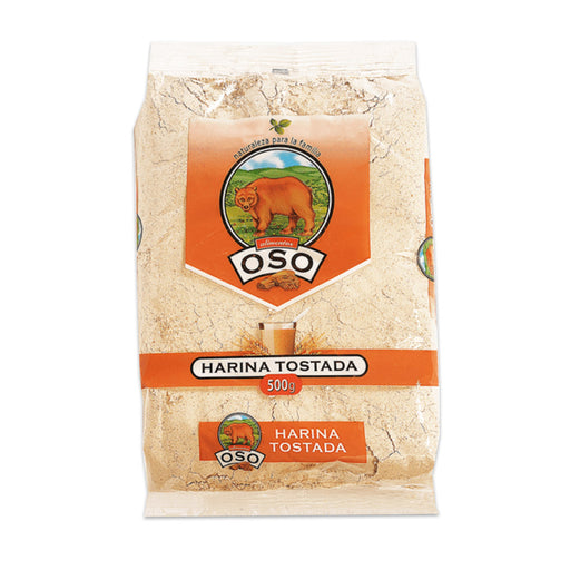 Una bolsa transparente de harina de trigo tostada con una etiqueta naranja y el logotipo Oso de un oso pardo.