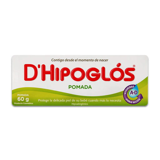 Una caja blanca y verde de 60 gramos que dice D'Hipoglos en texto rojo.