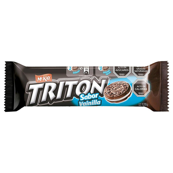 Un paquete marrón y azul de galletas de vainilla Tritón.