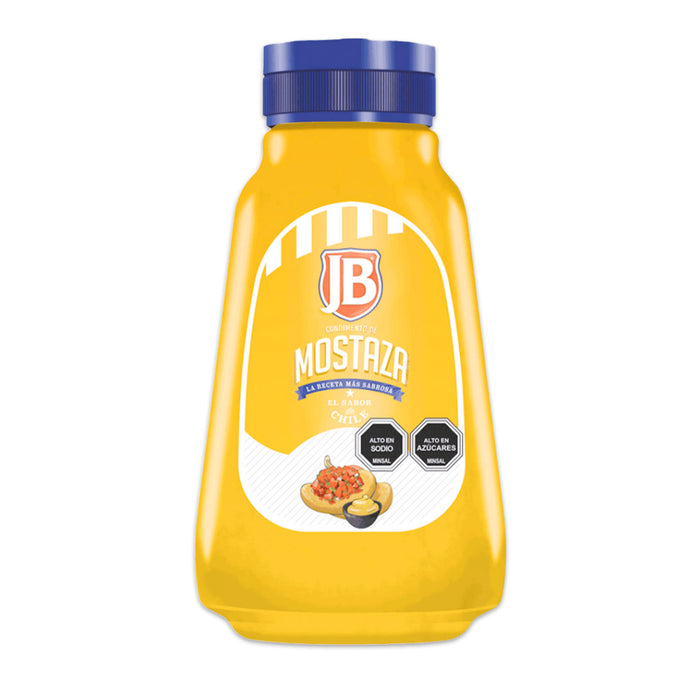 Botella amarilla de mostaza con tapón azul y logotipo JB rojo en la parte delantera. 