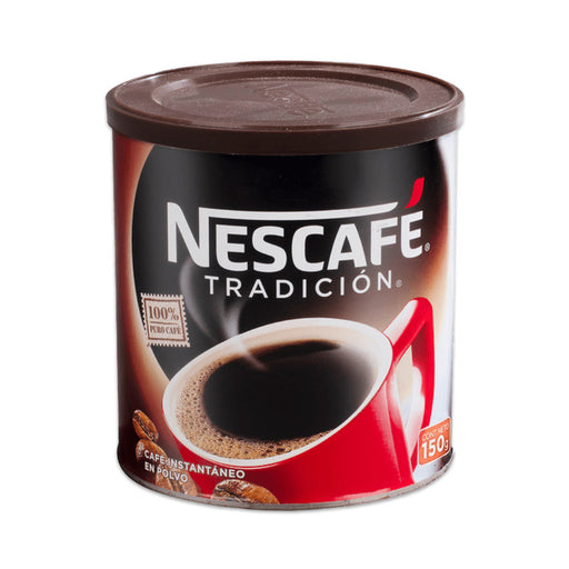 A round tin of coffee with a brown lid and picture of a red cup of coffee on the front.