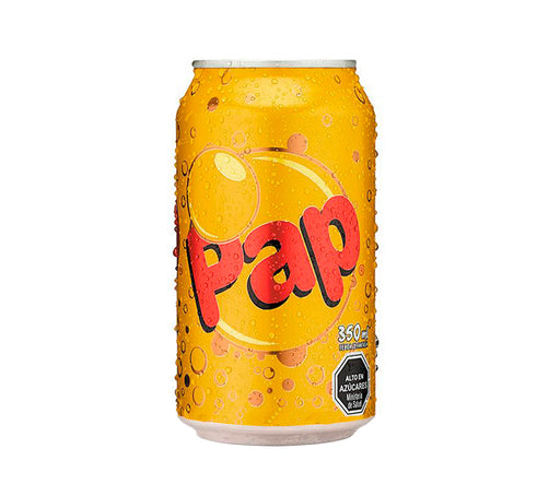 Una lata amarilla y naranja de 350 ml de Papilla. Un producto de Chile.