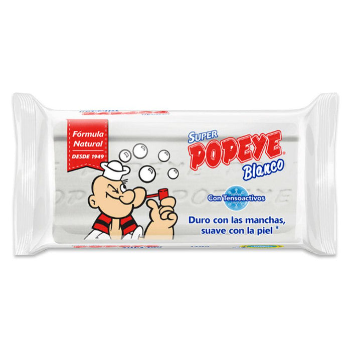 Una pastilla de jabón blanco para trapos con Popeye haciendo burbujas.