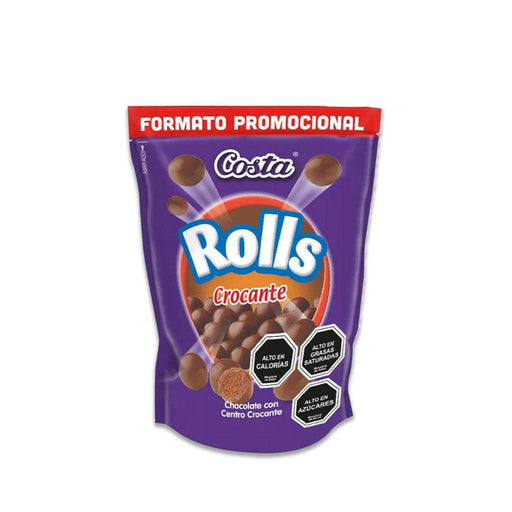 Una bolsa de color púrpura oscuro con una promoción roja en la parte superior y la palabra Rolls en texto grande.