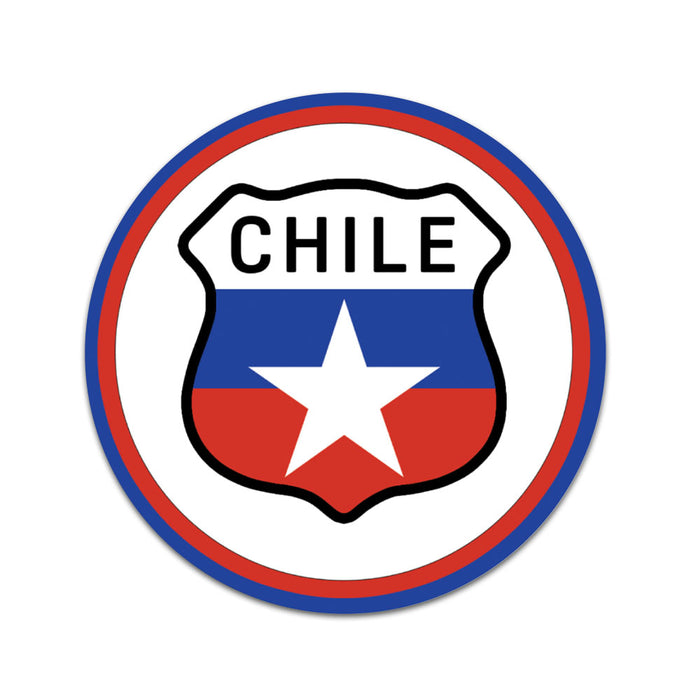Pegatina redonda de 3x3 con la palabra Chile en la parte superior.