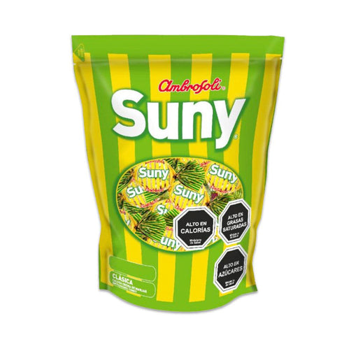 Una bolsa verde y amarilla de 360 gramos de caramelos Suny de Chile.