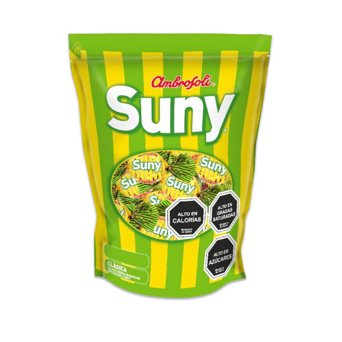 Una bolsa verde y amarilla de 130 gramos de caramelos Suny de Chile.