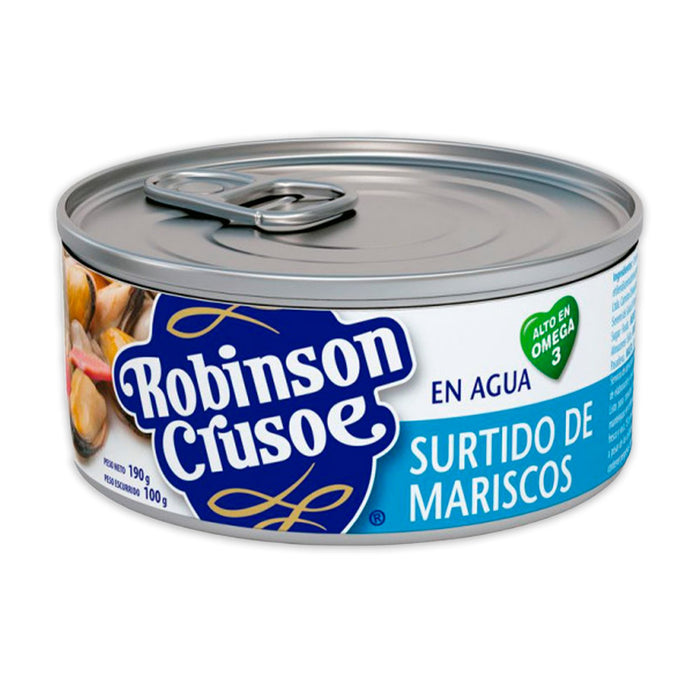 Una lata de 190 gramos con tapa abrefácil rellena de marisco y envuelta en un etiquetado azul claro.
