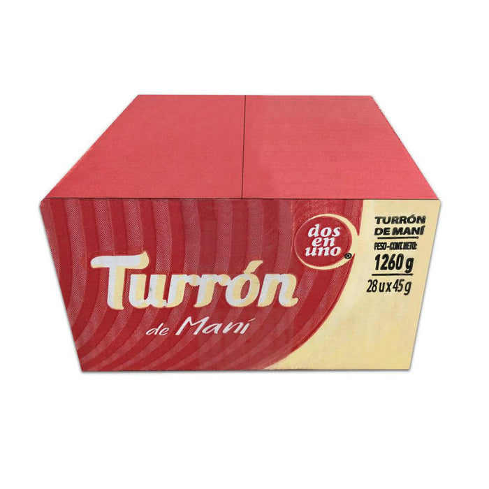 Una gran caja roja de Turrón de Maní que contiene 28 unidades. Un producto de Chile.